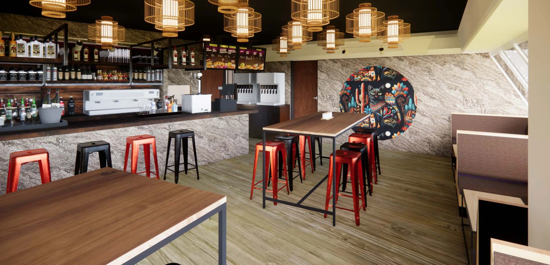 Completed El Gato Restaurant interior with illuminated bar and dining space